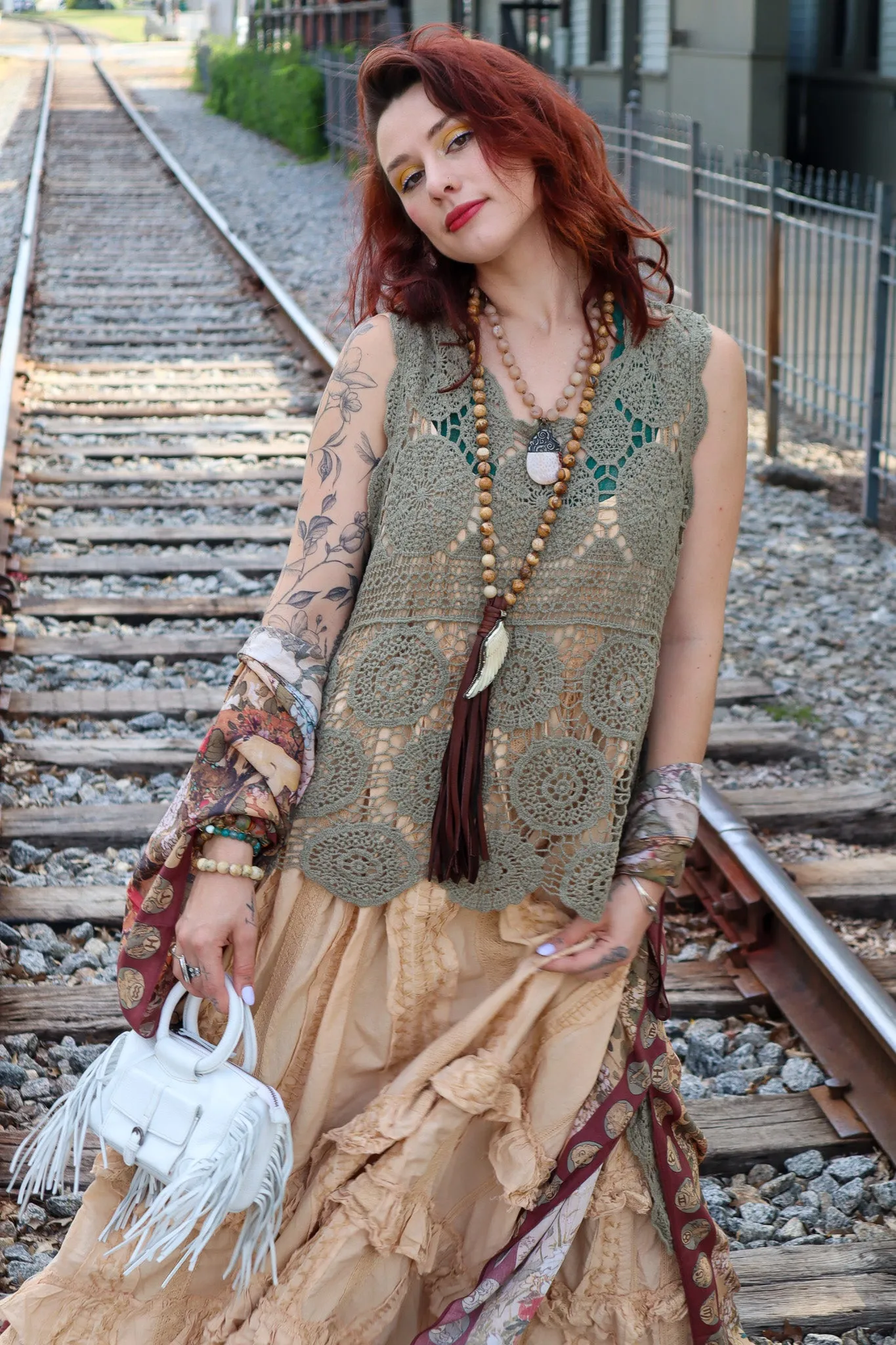 So Boho Crochet Lace Trim Long Back Pullover Vest