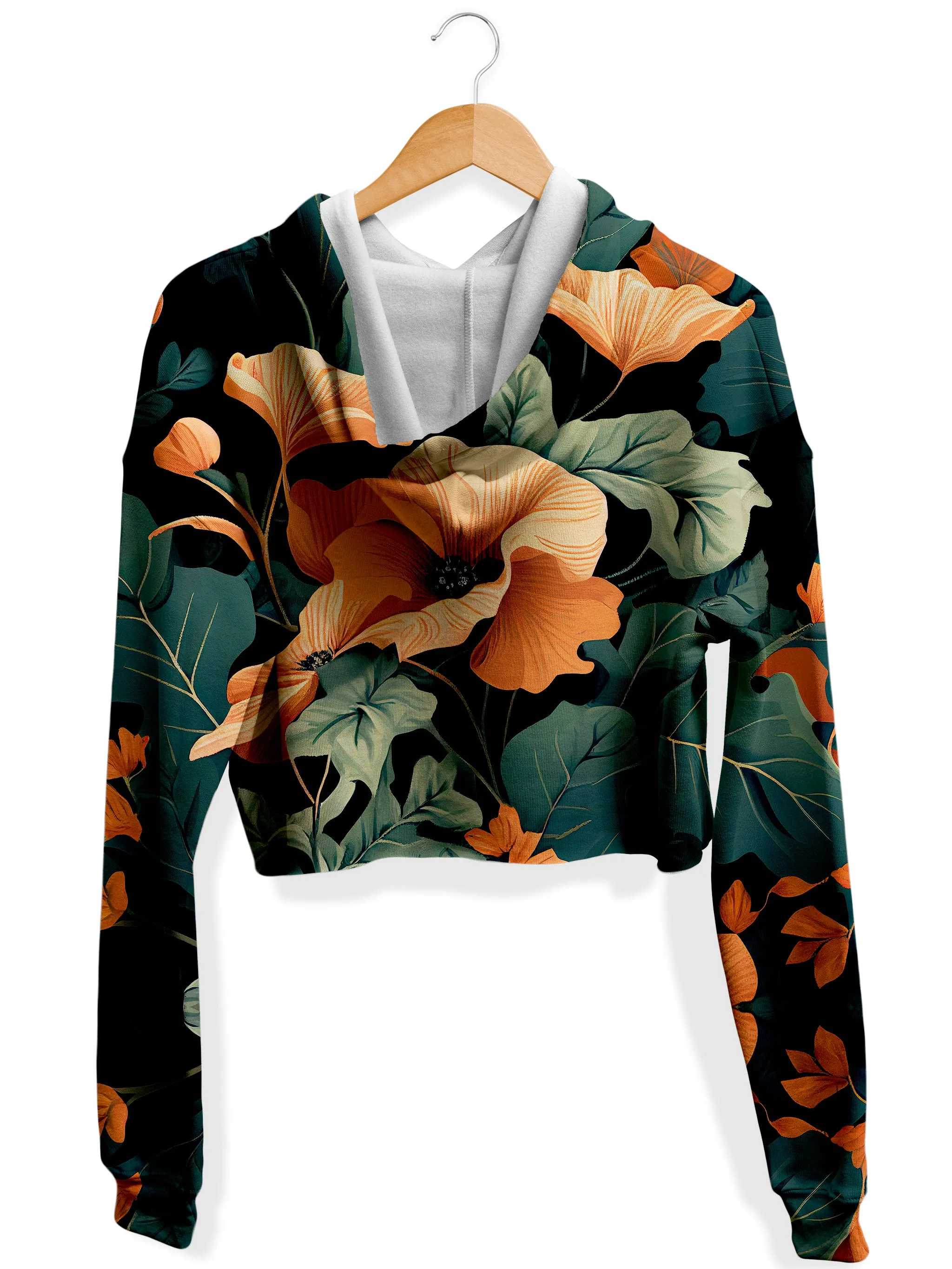 Tangerine Floral Fleece Crop Hoodie