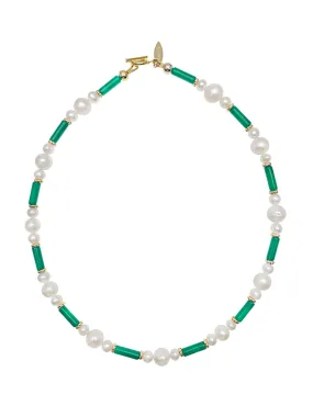 Tube Shaped Green Jade With Freshwater Pearls Necklace HN009