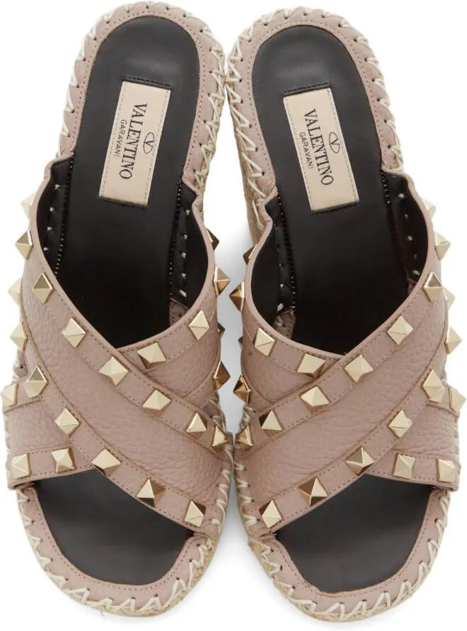 Valentino Garavani Taupe Criss Cross Rockstud Wedge Sandals