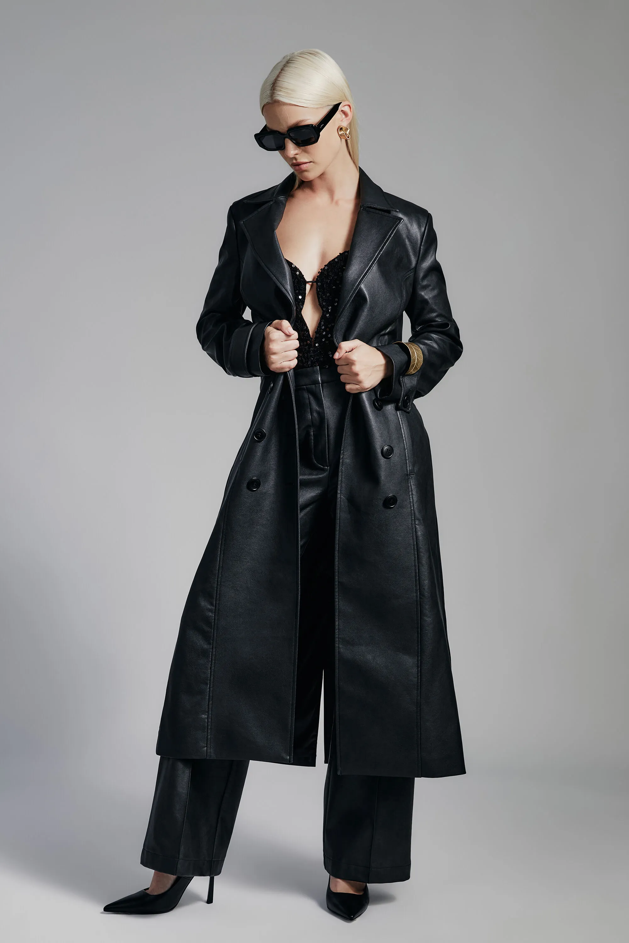 vegan leather trench coat in black