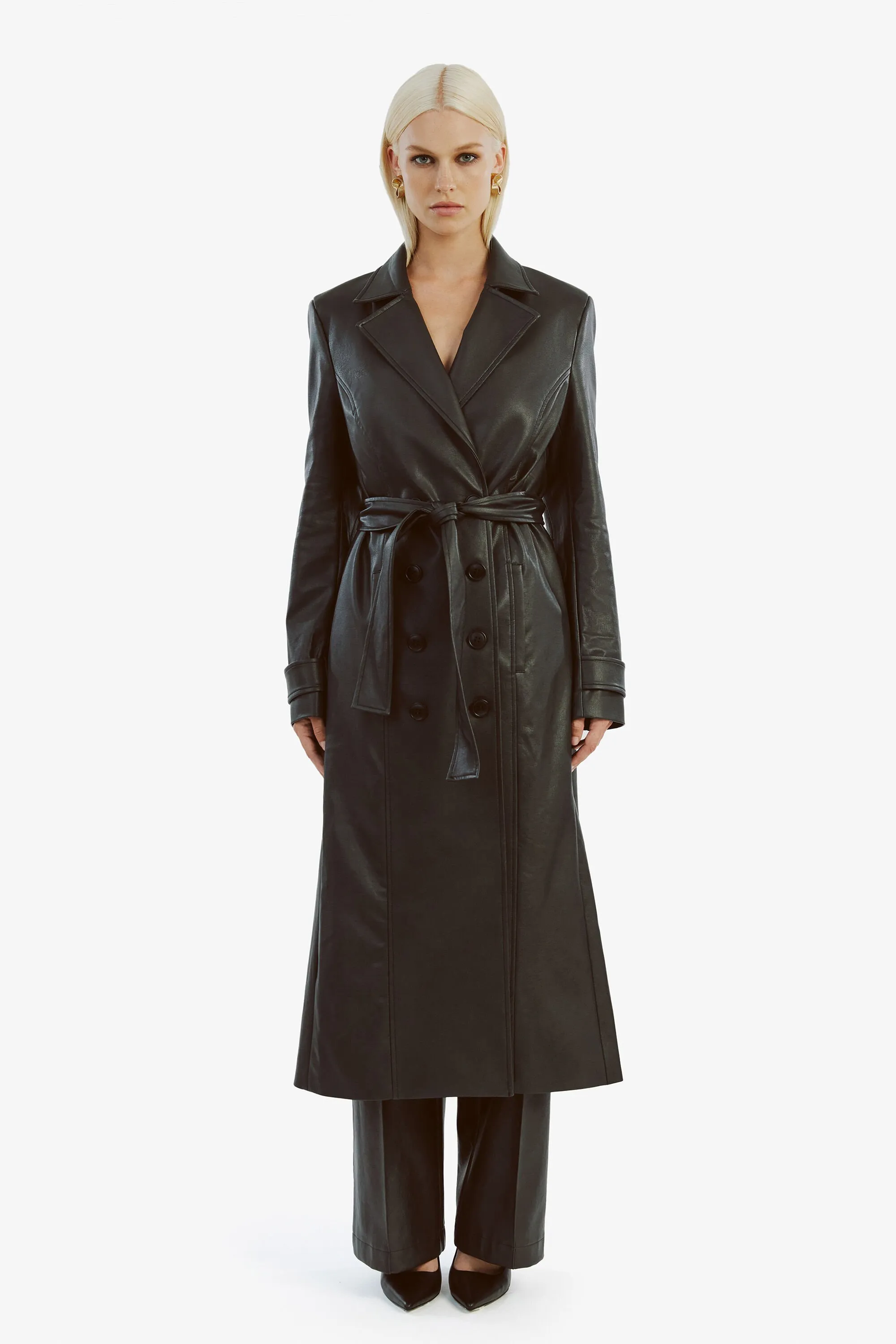 vegan leather trench coat in black