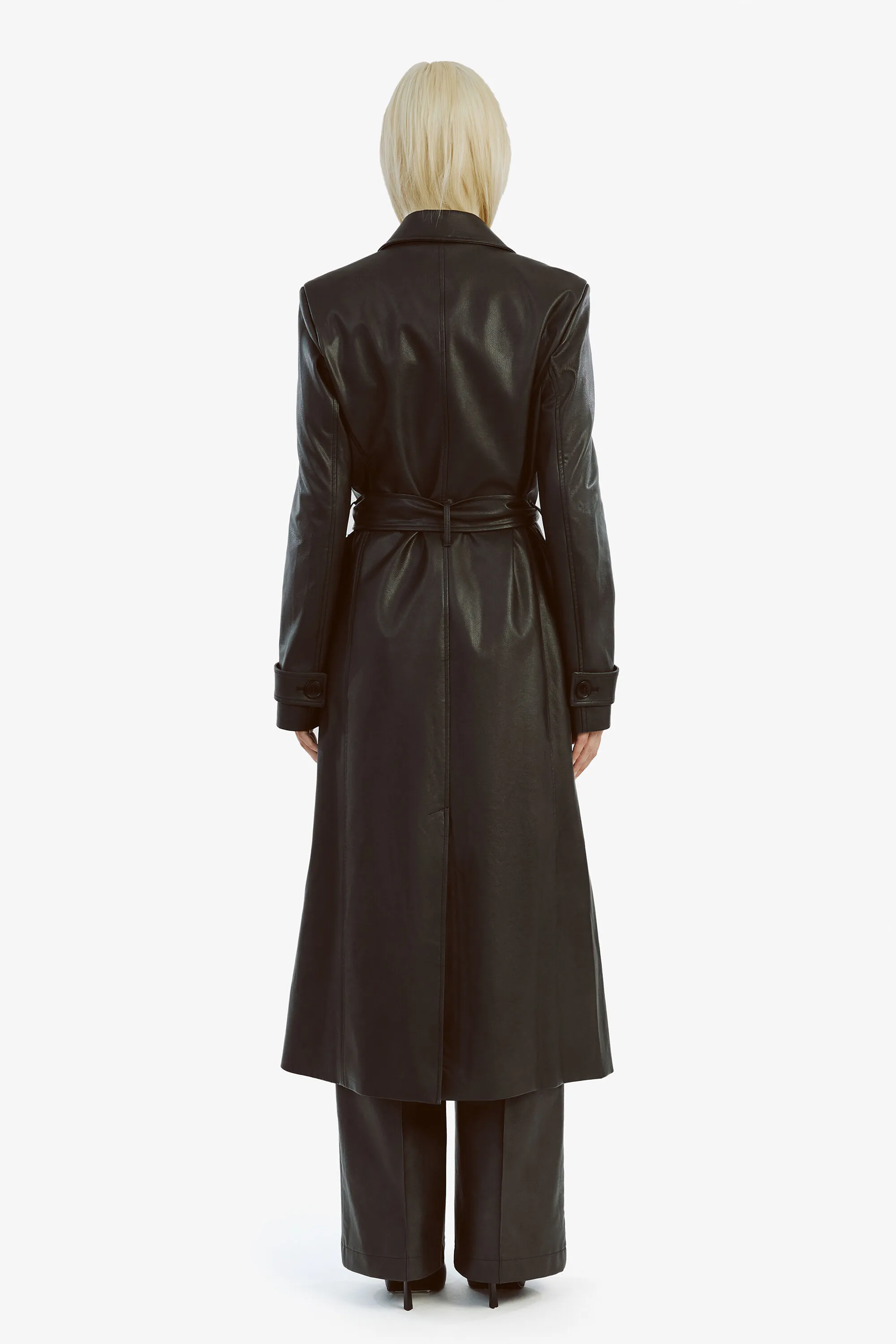 vegan leather trench coat in black