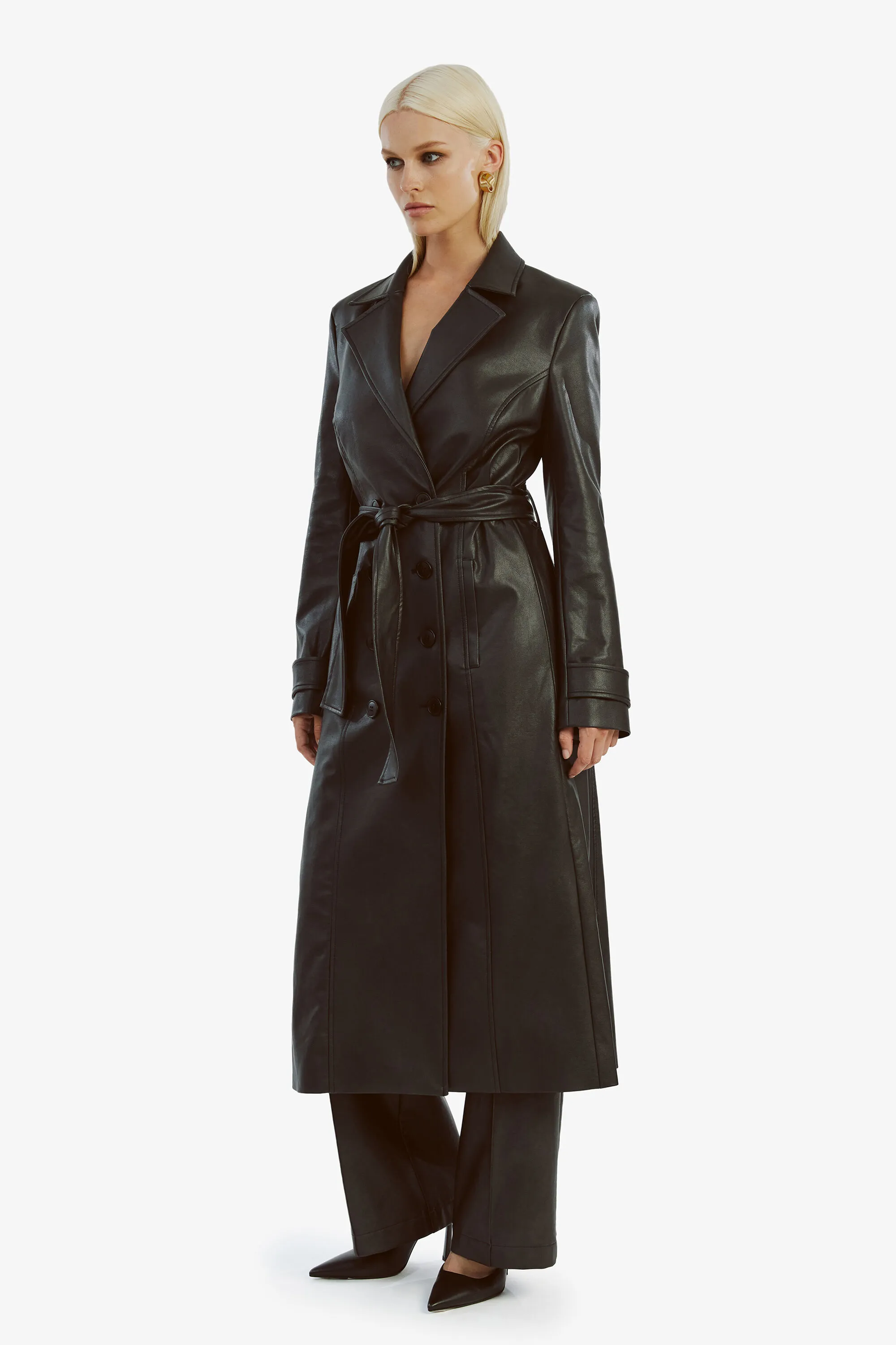 vegan leather trench coat in black