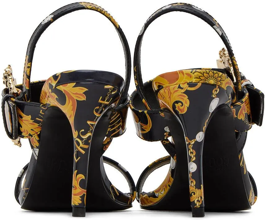 Versace Jeans Couture Black & Gold Emily Baroque Heeled Sandals