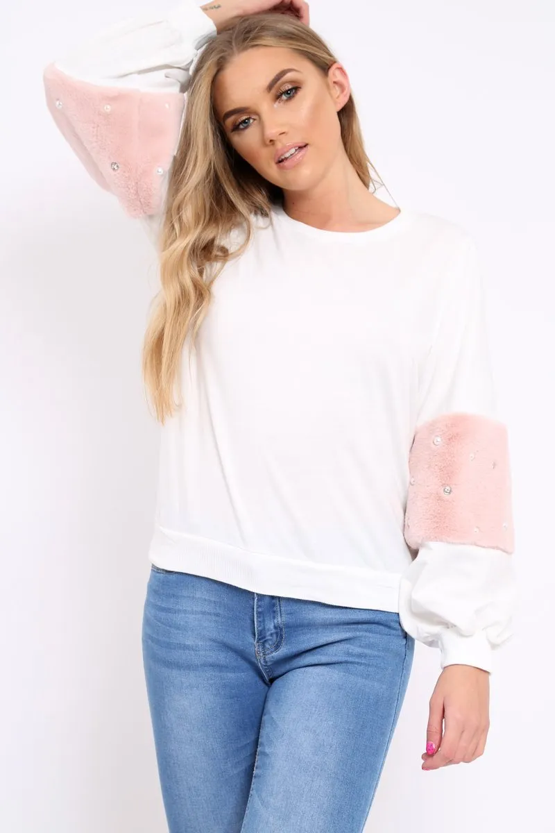 White Jumper with Fur and Pearl Sleeves - Izabella