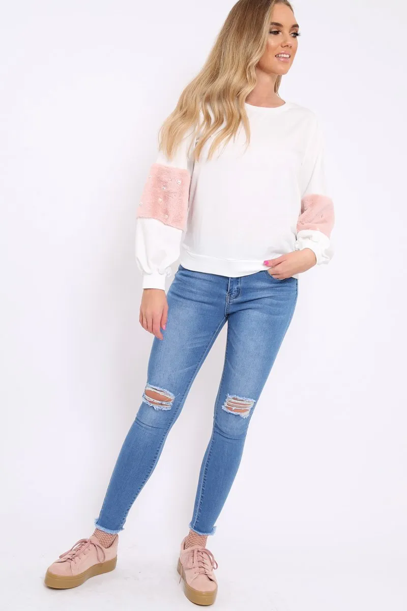 White Jumper with Fur and Pearl Sleeves - Izabella