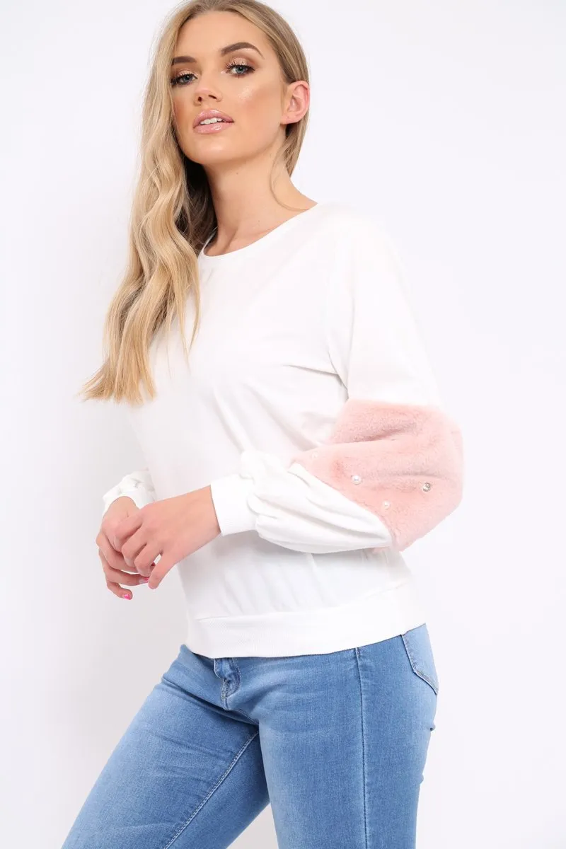 White Jumper with Fur and Pearl Sleeves - Izabella