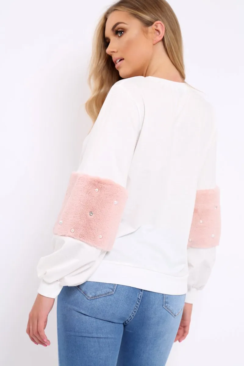 White Jumper with Fur and Pearl Sleeves - Izabella