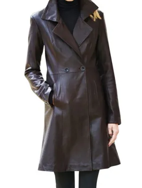 Women Fashion Brown Leather Trench Coat