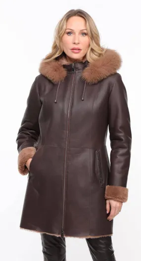 Women's chocolate hooded sheepskin coat \aurelia\