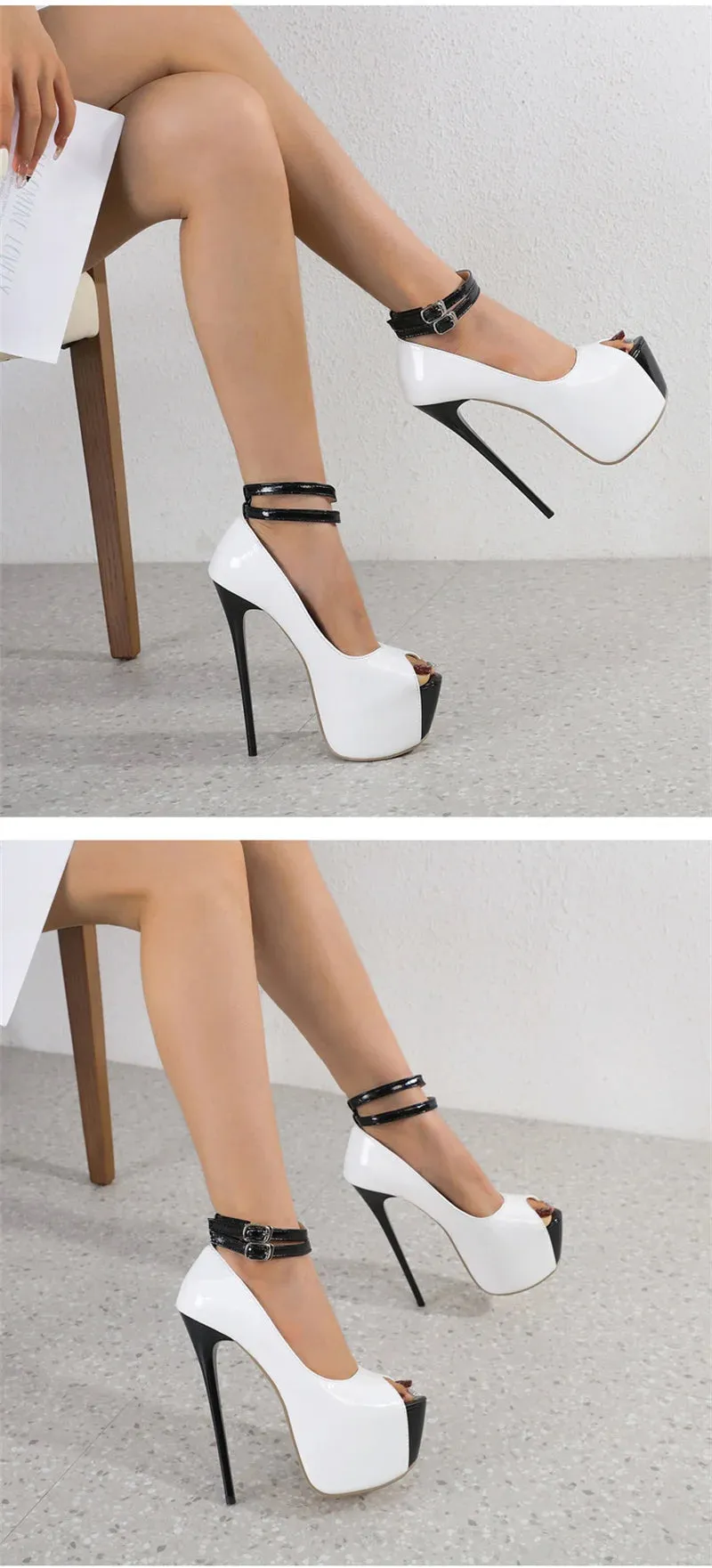 Women's Summer Sexy Peep Toe Double Buckle Strap Hi-Heel Pumps